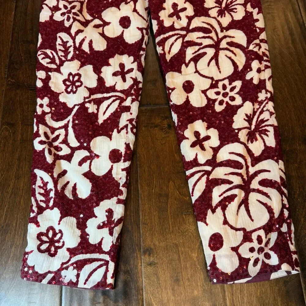 J. Crew Collection Tropical Sequin Pants Hibiscus Floral Burgundy Vacation